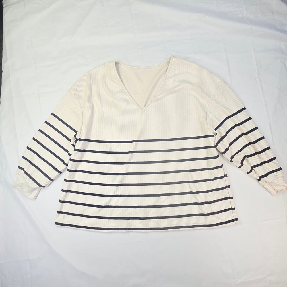 Shein Curve V-Neck Striped Ribbed Top Women's 3XL Cream Navy Long Sleeve Casual